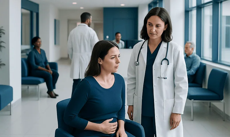 Doctor consulting a patient in a hospital waiting area.