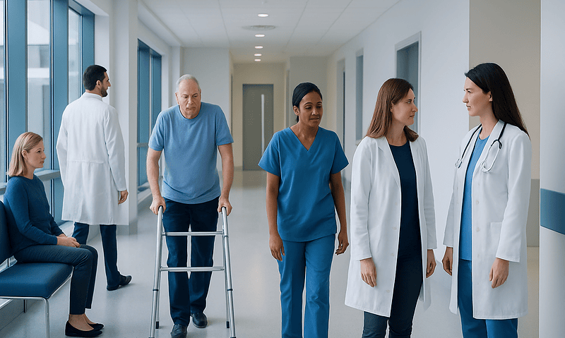 Medical team consulting with elderly patient in hospital corridor.