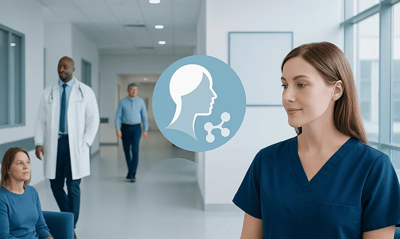 Healthcare professionals and patient in a hospital corridor with a collagen molecule icon.