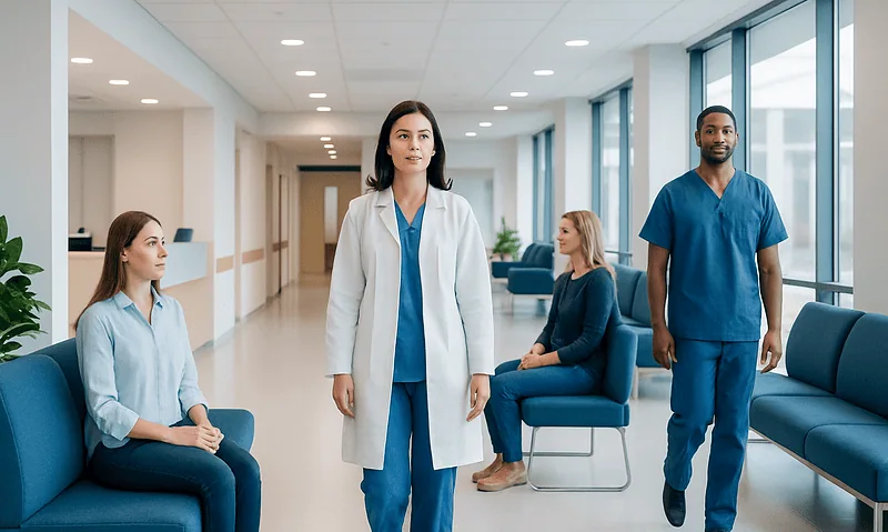 Medical professionals in a hospital waiting area with large windows and seating.