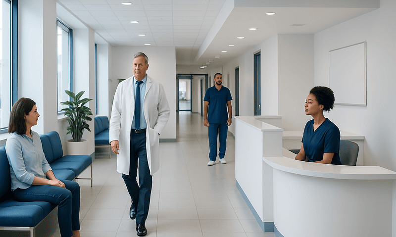 Medical professionals and patient in a modern hospital corridor.