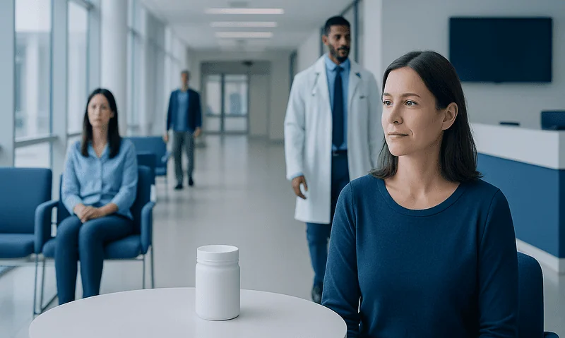 Patient in hospital waiting area with healthcare professionals nearby.