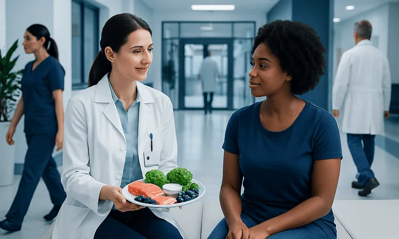 Doctor offering dietary advice to a patient in a hospital corridor.