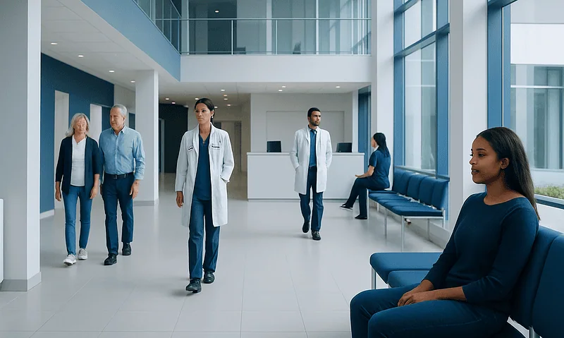 Healthcare professionals and patient in a modern hospital lobby.