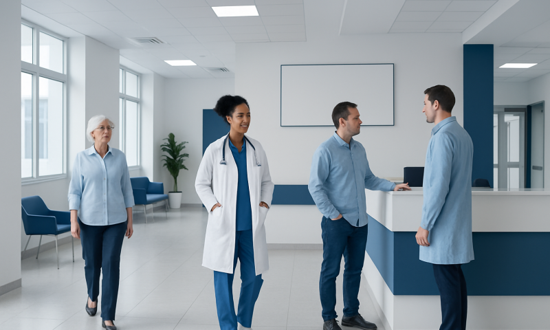 Medical staff and patient in hospital reception area at Acibadem Hospitals Group.