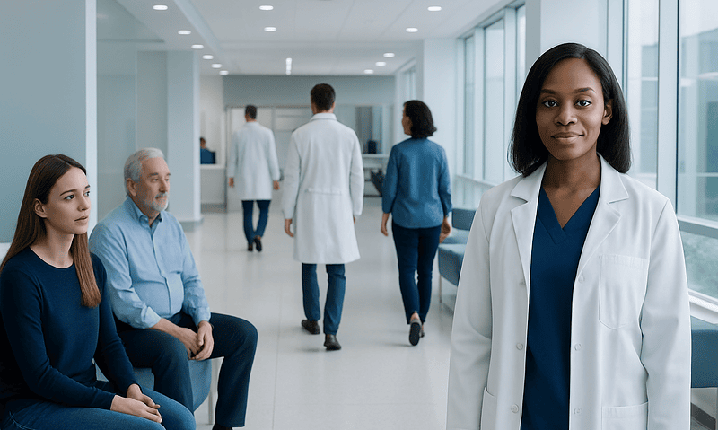 Diverse medical team in hospital corridor with patients and staff.
