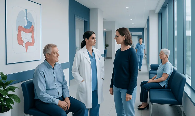 Doctors consulting with patients in a modern hospital corridor.