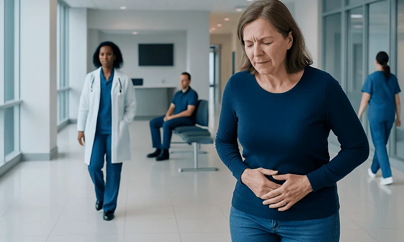 Woman experiencing abdominal pain in hospital corridor with medical staff nearby.