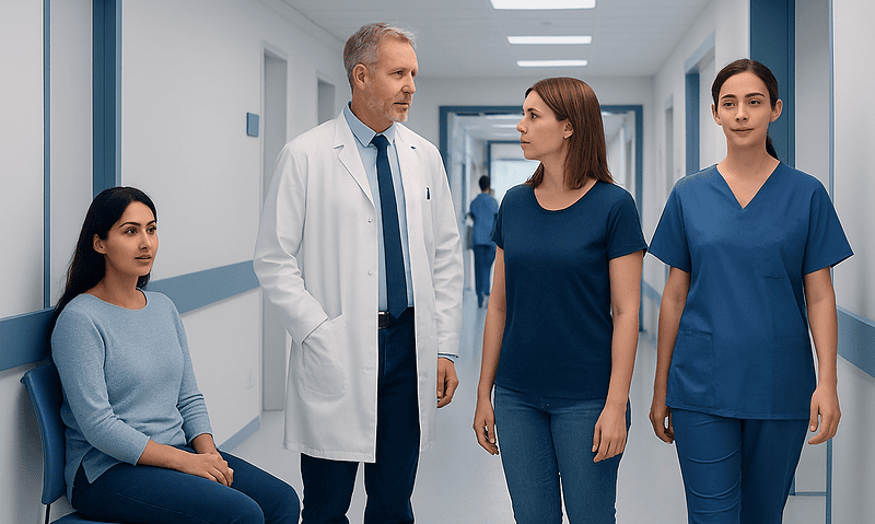 Medical team discussing patient care in hospital corridor.