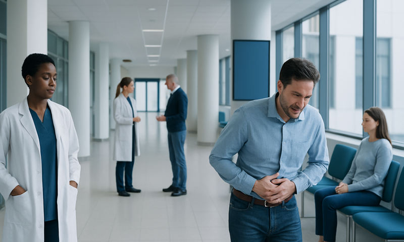 Man experiencing abdominal pain in a hospital corridor with medical staff nearby.