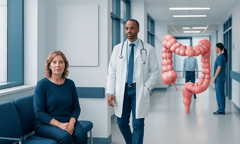 Doctor explaining colon health to a patient in hospital corridor.