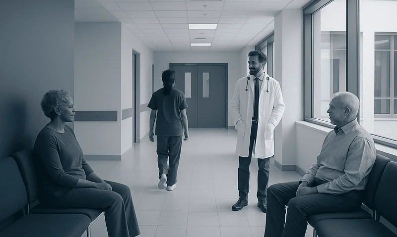 Doctor consulting with elderly patient in hospital corridor.