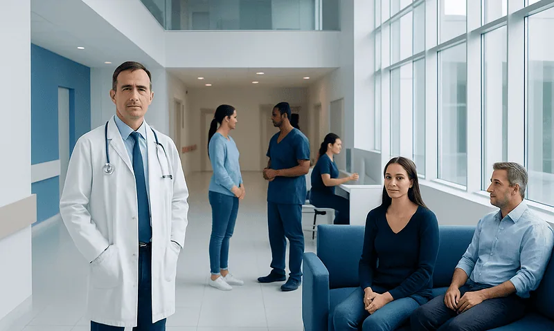 Medical team and patients in a modern hospital corridor.