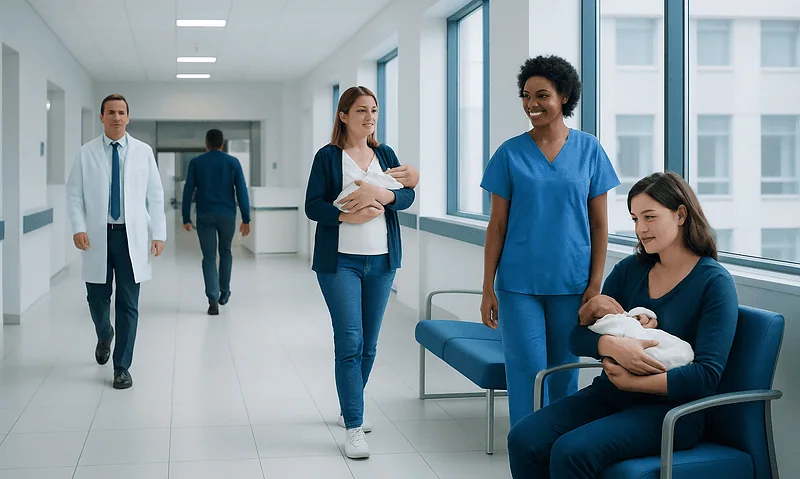 Healthcare professionals and a new mother in a hospital corridor.