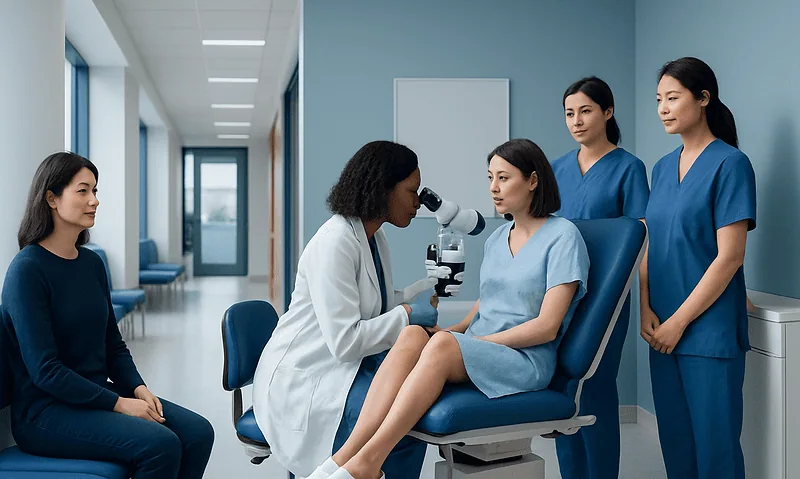 Medical professionals perform a colposcopy examination in a hospital setting.