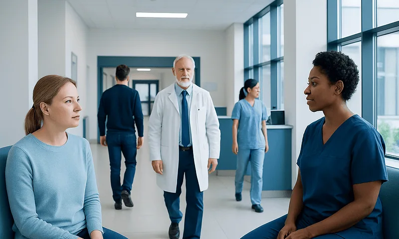 Medical professionals and patients in a hospital corridor at Acibadem Hospitals Group.