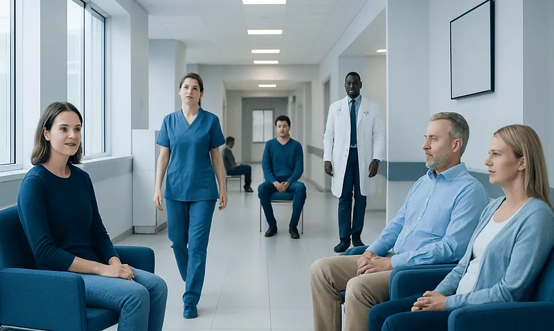 Patients waiting in a hospital corridor with medical staff nearby.