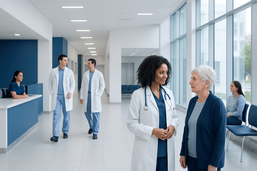 Comfrey Salve — Explained by Medical Evidence, Not Myths 1 Healthcare professionals and patient in a modern hospital corridor.
