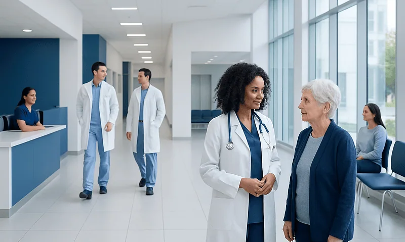 Healthcare professionals and patient in a modern hospital corridor.