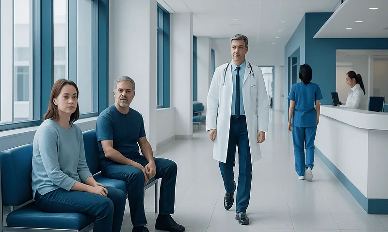 Doctors and patients in a modern hospital corridor at Acibadem Hospitals Group.