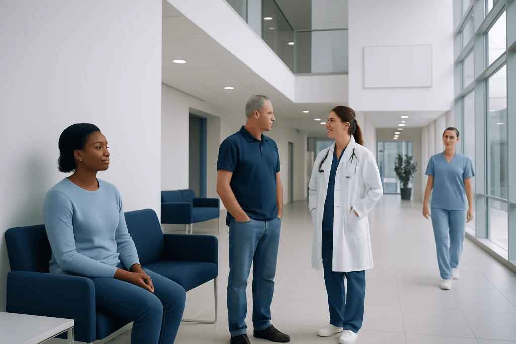 Complete Protein Foods: What the Clinical Research Actually Says 1 Medical consultation in a modern hospital corridor with diverse staff and patients.