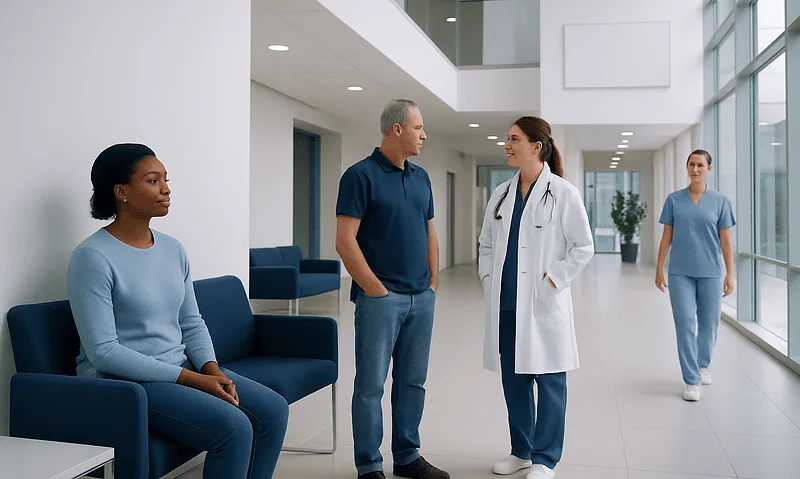Medical consultation in a modern hospital corridor with diverse staff and patients.
