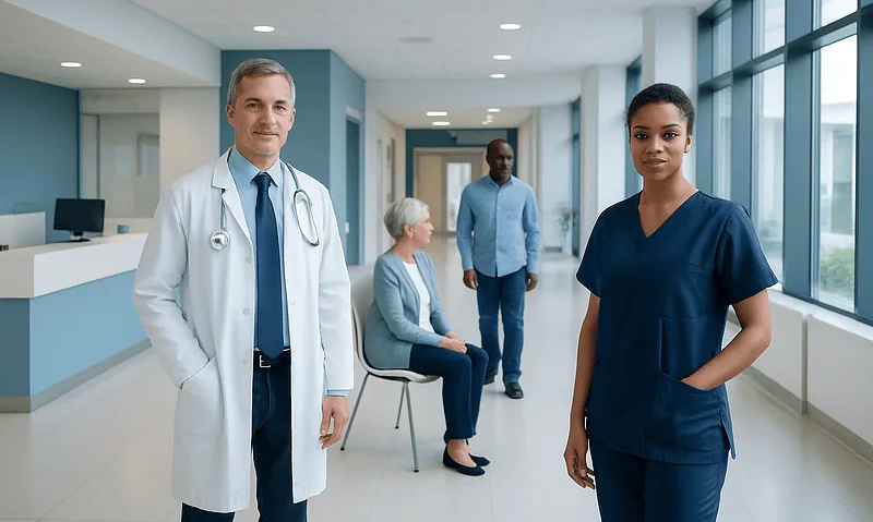 Healthcare professionals and patient in a modern hospital corridor.