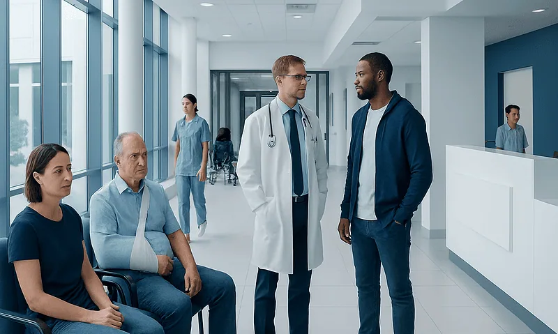 Medical consultation in a modern hospital corridor with diverse patients and staff.