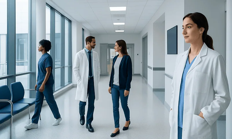 Medical professionals walking in hospital corridor with large windows.