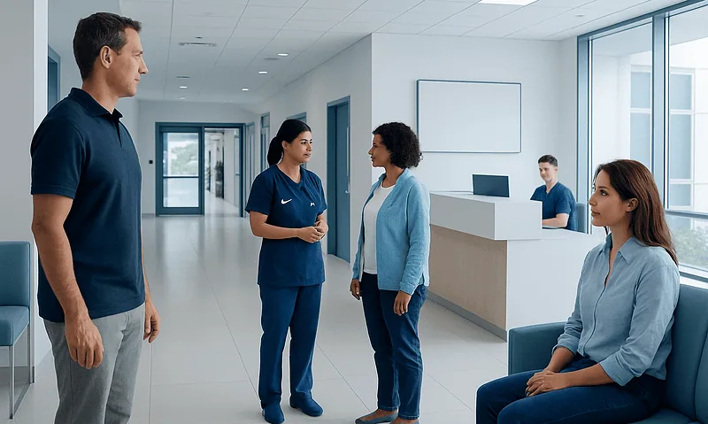Medical team discussing patient care in hospital corridor.