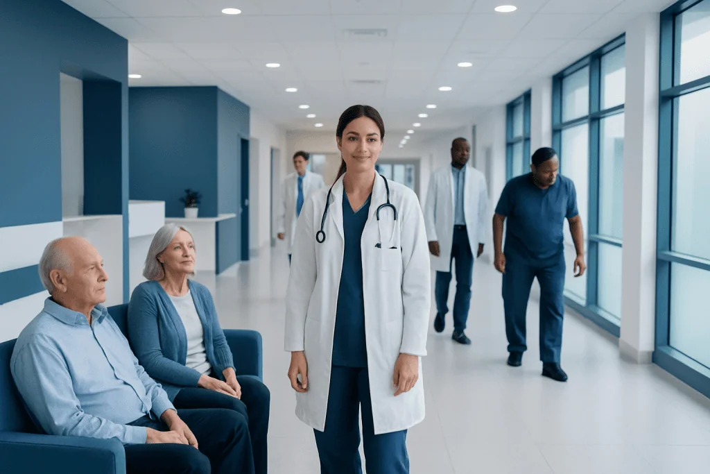 Compression of Morbidity: Can You Live Longer With Fewer Years of Illness? 1 Healthcare professionals and patients in a modern hospital corridor.