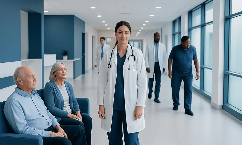 Healthcare professionals and patients in a modern hospital corridor.