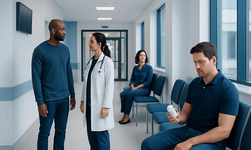 Doctor consulting with male patient in hospital corridor.