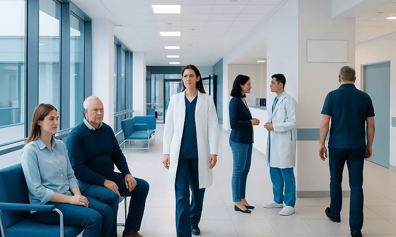 Medical professionals and patients in a hospital corridor at Acibadem Hospitals Group.