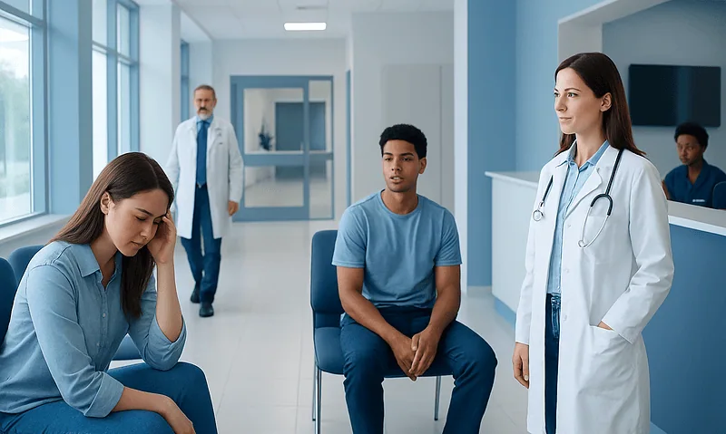 Young woman patient distressed in hospital waiting area with doctor and staff.