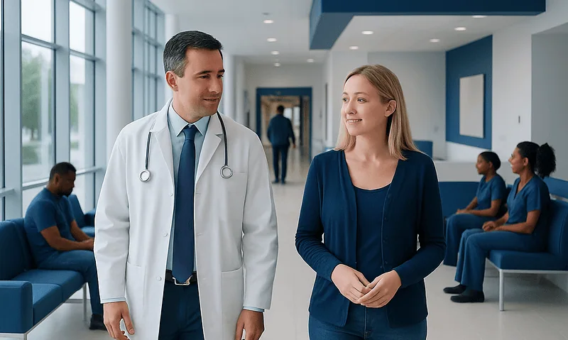 Doctor and patient talking in hospital corridor with nurses in background.