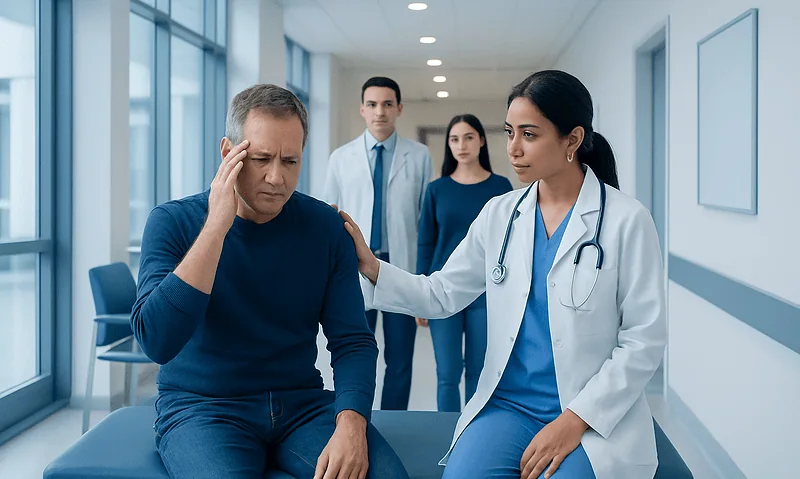 Doctor comforting a man with headache in hospital corridor.