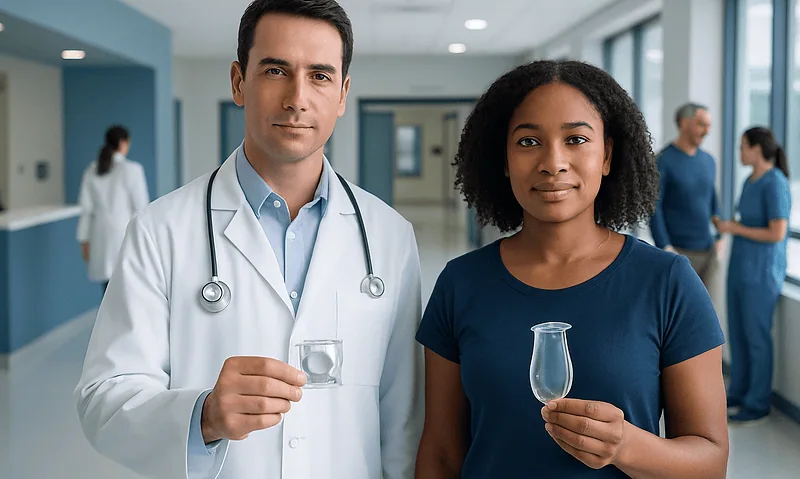 Doctor and patient holding water glasses in hospital corridor.