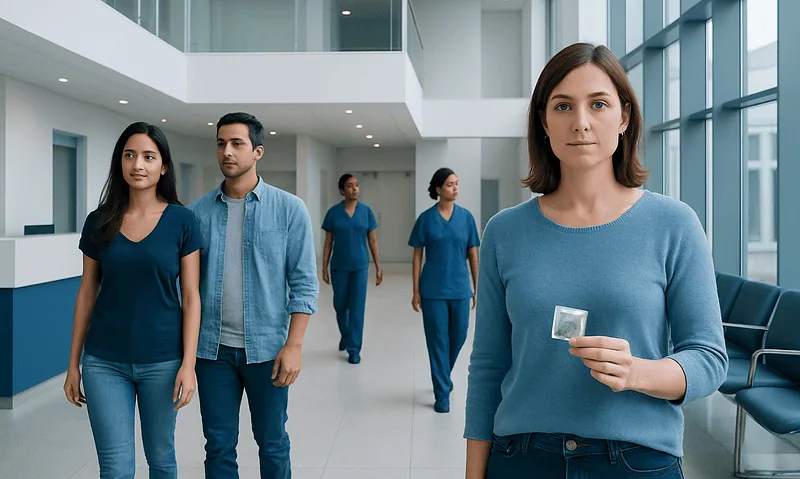 Group of women and a man in a hospital corridor, one woman holding a condom package.