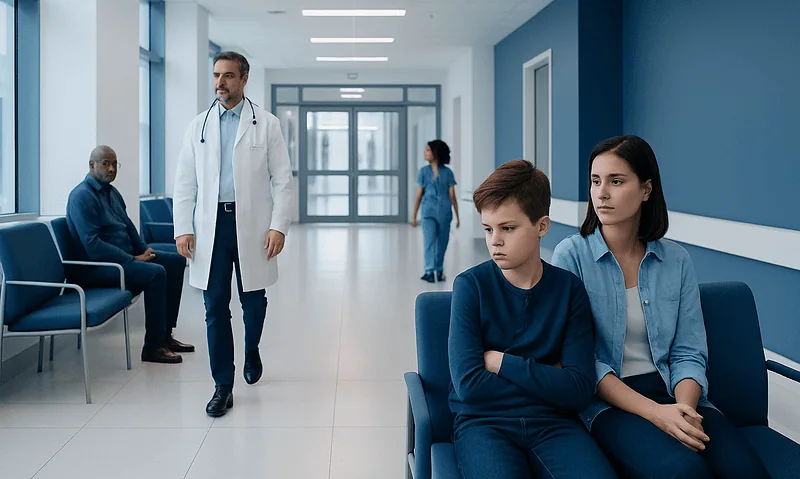 Doctor consulting with young patients in a hospital waiting area.