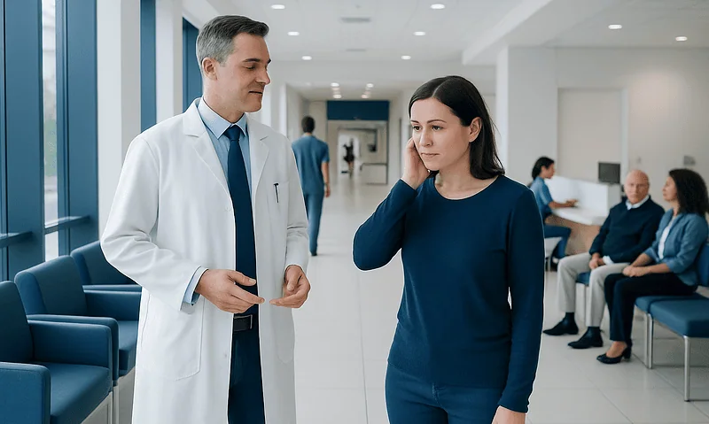 Doctor consulting a patient in a hospital corridor.