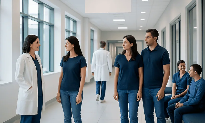 Healthcare professionals and patients in a hospital corridor.
