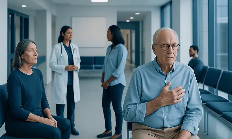 Elderly man experiencing chest pain in a hospital waiting area.