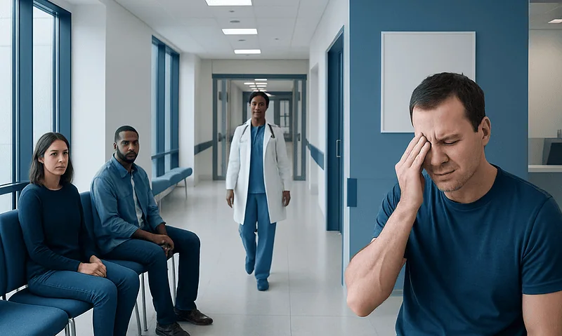 What causes conjunctivitis of the eye? A Doctor-Reviewed Answer 10 Patient experiencing eye pain in a hospital corridor with medical staff nearby.