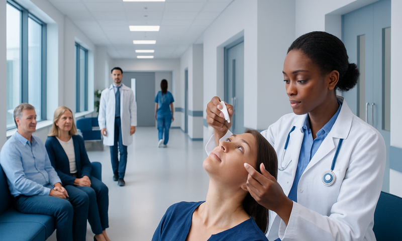 Doctor examining patient's eye in hospital corridor with waiting group.