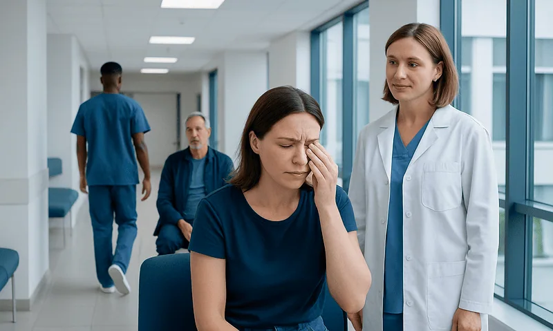 Patient experiencing eye discomfort in a hospital corridor with medical staff nearby.