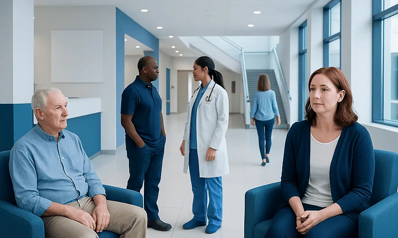 Patients and healthcare professionals in a hospital corridor.