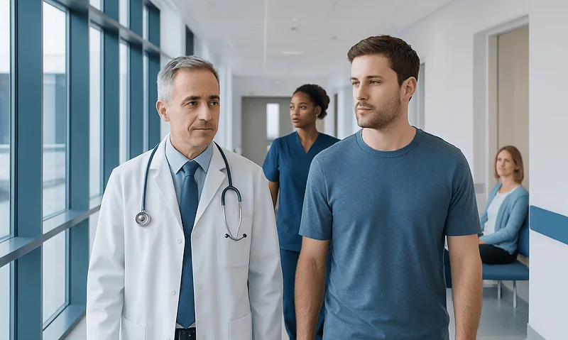 Doctor consulting patient in hospital corridor for Conn's Syndrome diagnosis.