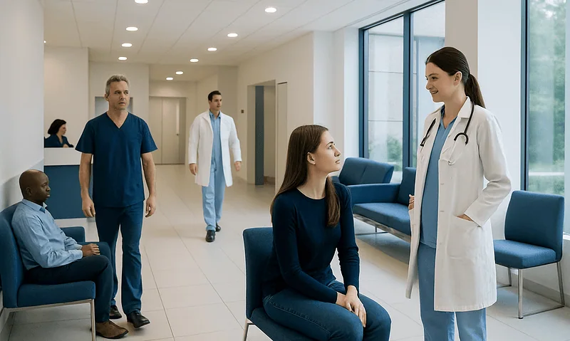Medical professionals and patients in a hospital corridor.