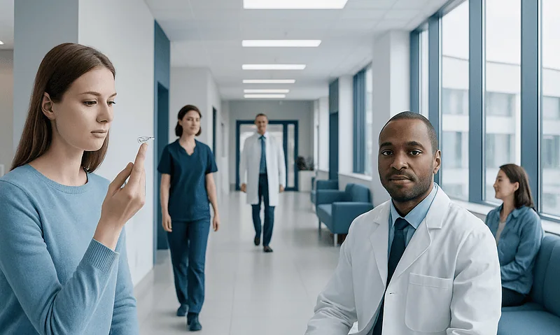 Patient consulting with doctor in hospital corridor.